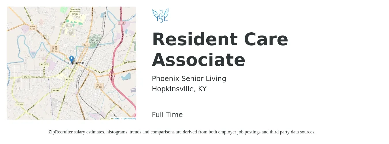 Phoenix Senior Living job posting for a Resident Care Associate in Hopkinsville, KY with a salary of $13 to $15 Hourly with a map of Hopkinsville location.