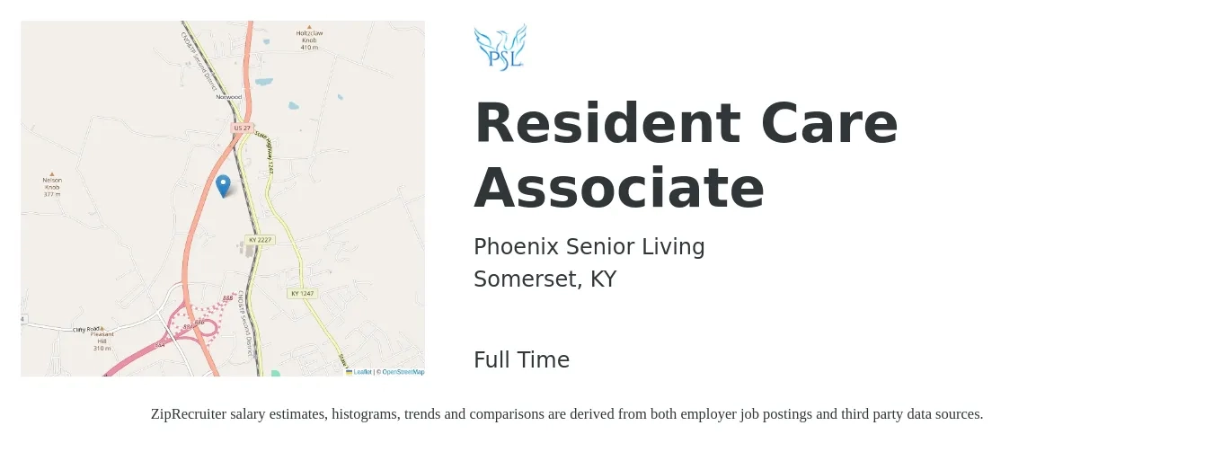 Phoenix Senior Living job posting for a Resident Care Associate in Somerset, KY with a salary of $11 to $13 Hourly with a map of Somerset location.