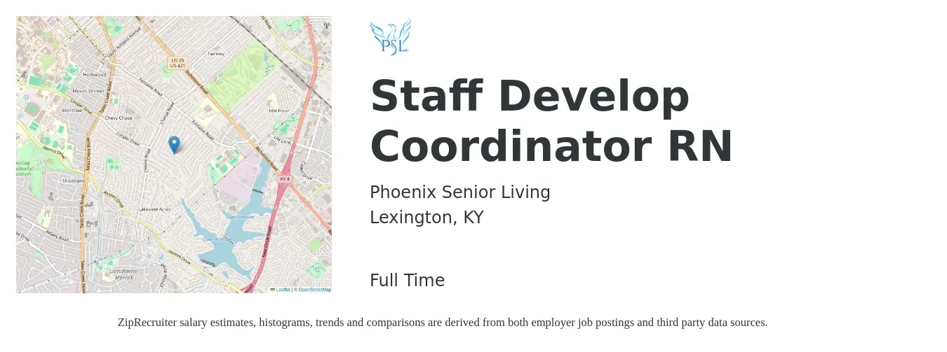 Phoenix Senior Living job posting for a Staff Develop Coordinator RN in Lexington, KY with a salary of $31 to $37 Hourly with a map of Lexington location.