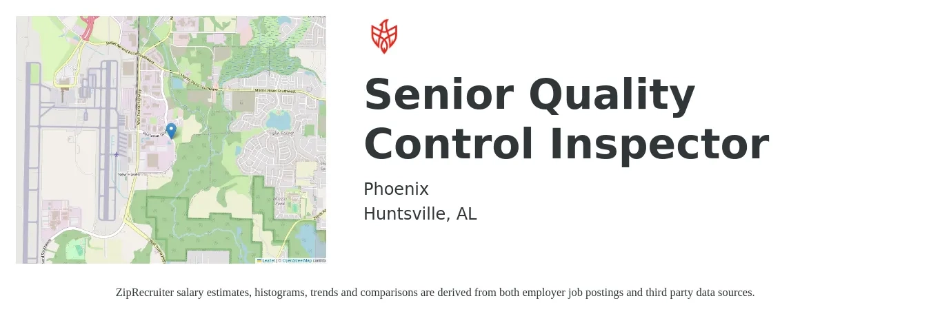 Phoenix job posting for a Senior Quality Control Inspector in Huntsville, AL with a salary of $28 to $42 Hourly with a map of Huntsville location.