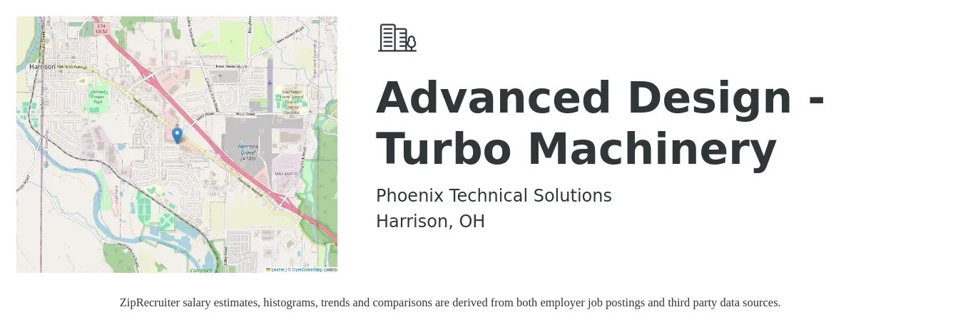 Phoenix Technical Solutions job posting for a Advanced Design - Turbo Machinery in Harrison, OH with a salary of $64,500 to $93,400 Yearly with a map of Harrison location.