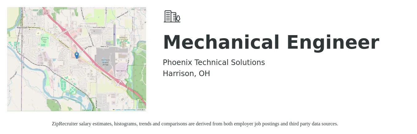 Phoenix Technical Solutions job posting for a Mechanical Engineer in Harrison, OH with a salary of $77,300 to $120,000 Yearly with a map of Harrison location.