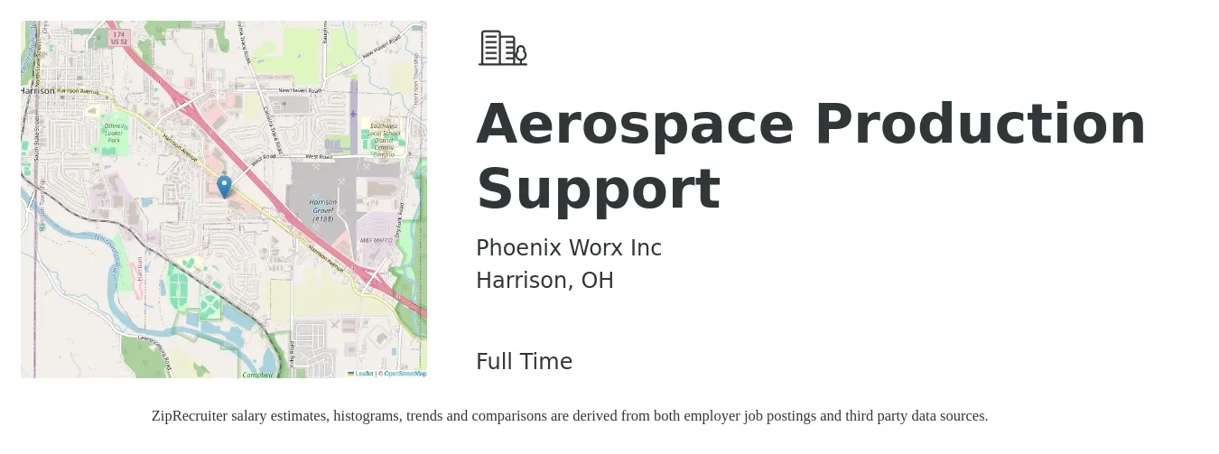 Phoenix Worx Inc job posting for a Aerospace Production Support in Harrison, OH with a salary of $20 to $30 Hourly with a map of Harrison location.