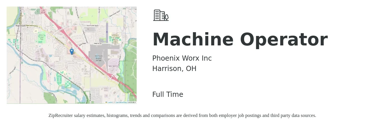 Phoenix Worx Inc job posting for a Machine Operator in Harrison, OH with a salary of $20 to $25 Hourly with a map of Harrison location.