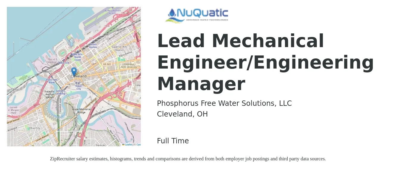 Phosphorus Free Water Solutions, LLC job posting for a Lead Mechanical Engineer/Engineering Manager in Cleveland, OH with a salary of $107,200 to $129,500 Yearly with a map of Cleveland location.