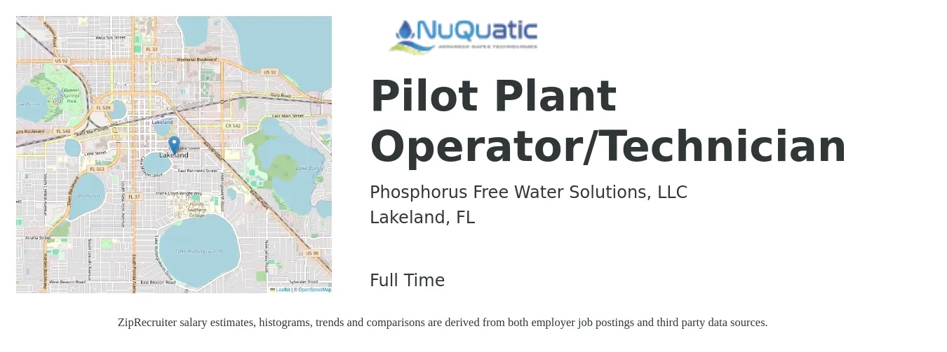 Phosphorus Free Water Solutions, LLC job posting for a Pilot Plant Operator/Technician in Lakeland, FL with a salary of $16 to $27 Hourly with a map of Lakeland location.