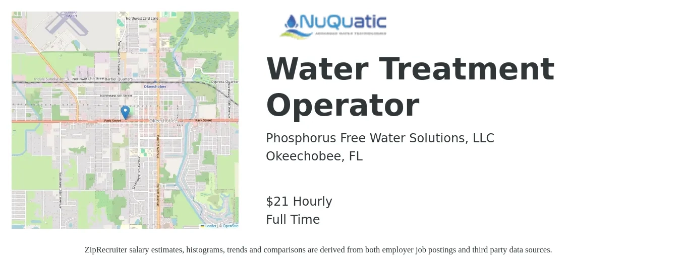 Phosphorus Free Water Solutions, LLC job posting for a Water Treatment Operator in Okeechobee, FL with a salary of $22 Hourly with a map of Okeechobee location.