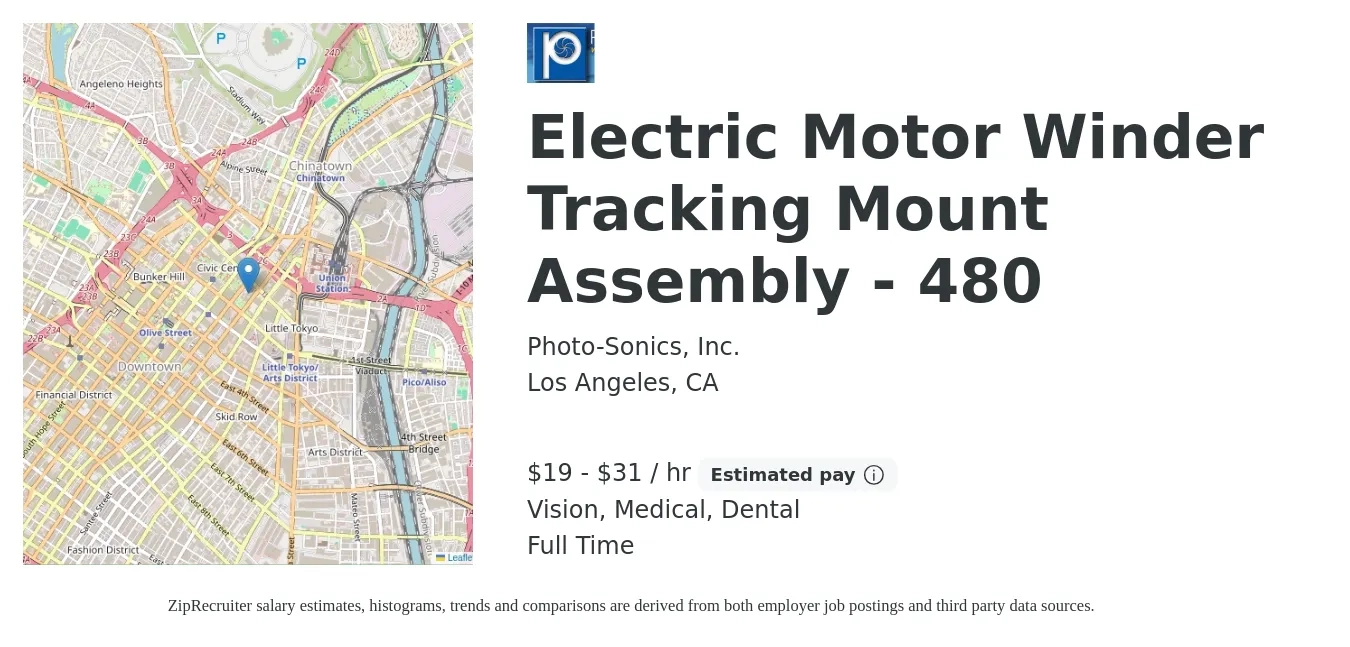 Photo-Sonics, Inc. job posting for a Electric Motor Winder Tracking Mount Assembly - 480 in Los Angeles, CA with a salary of $20 to $33 Hourly and benefits including vision, dental, life_insurance, medical, and retirement with a map of Los Angeles location.