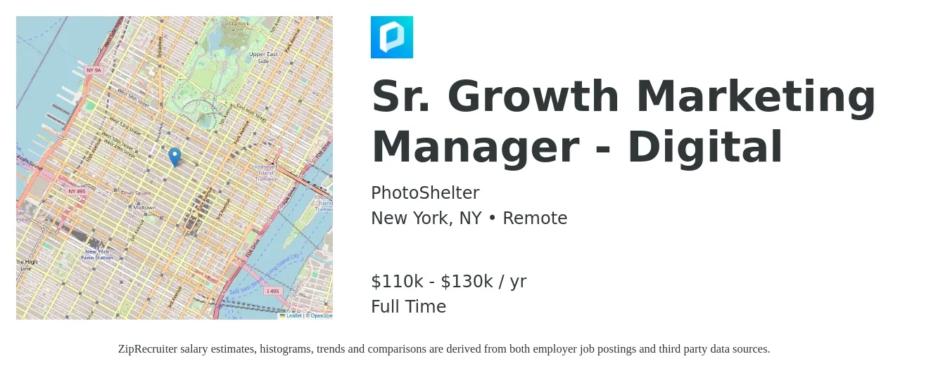 PhotoShelter job posting for a Sr. Growth Marketing Manager - Digital in New York, NY with a salary of $110,000 to $130,000 Yearly with a map of New York location.