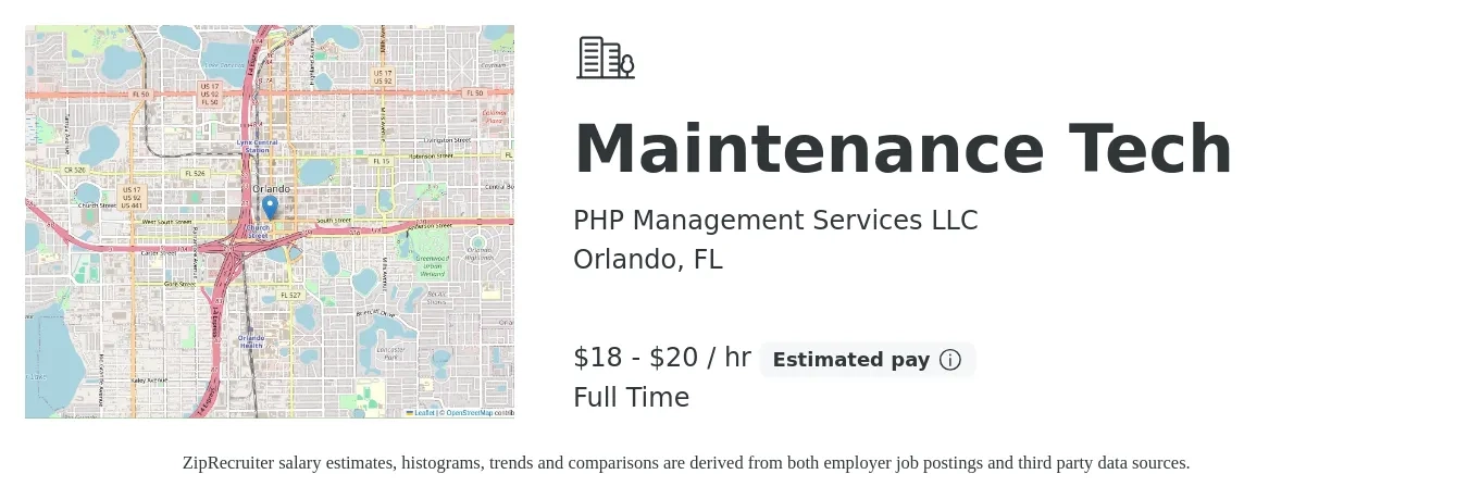 PHP Management Services LLC job posting for a Maintenance Tech in Orlando, FL with a salary of $19 to $21 Hourly with a map of Orlando location.