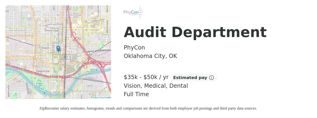 PhyCon job posting for a Audit Department in Oklahoma City, OK with a salary of $35,000 to $50,000 Yearly and benefits including retirement, vision, dental, life_insurance, and medical with a map of Oklahoma City location.