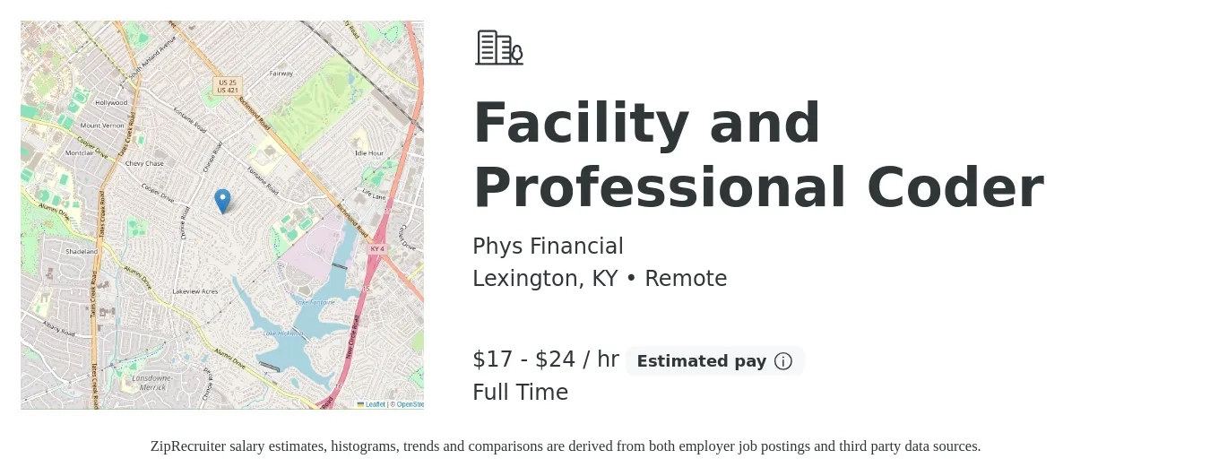 Phys Financial job posting for a Facility and Professional Coder in Lexington, KY with a salary of $18 to $25 Hourly with a map of Lexington location.