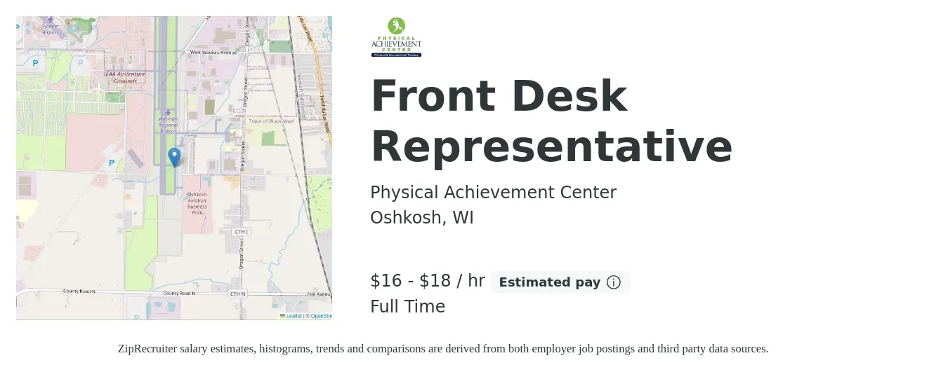 Physical Achievement Center job posting for a Front Desk Representative in Oshkosh, WI with a salary of $17 to $19 Hourly with a map of Oshkosh location.