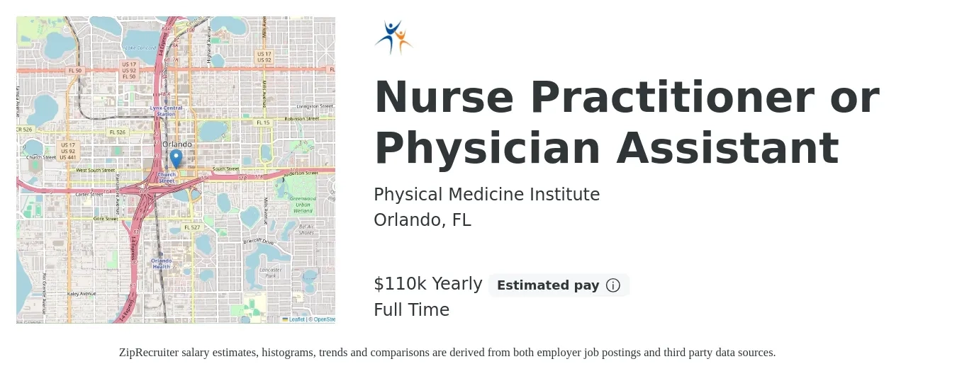 Physical Medicine Institute job posting for a Nurse Practitioner or Physician Assistant in Orlando, FL with a salary of $110,000 Yearly with a map of Orlando location.