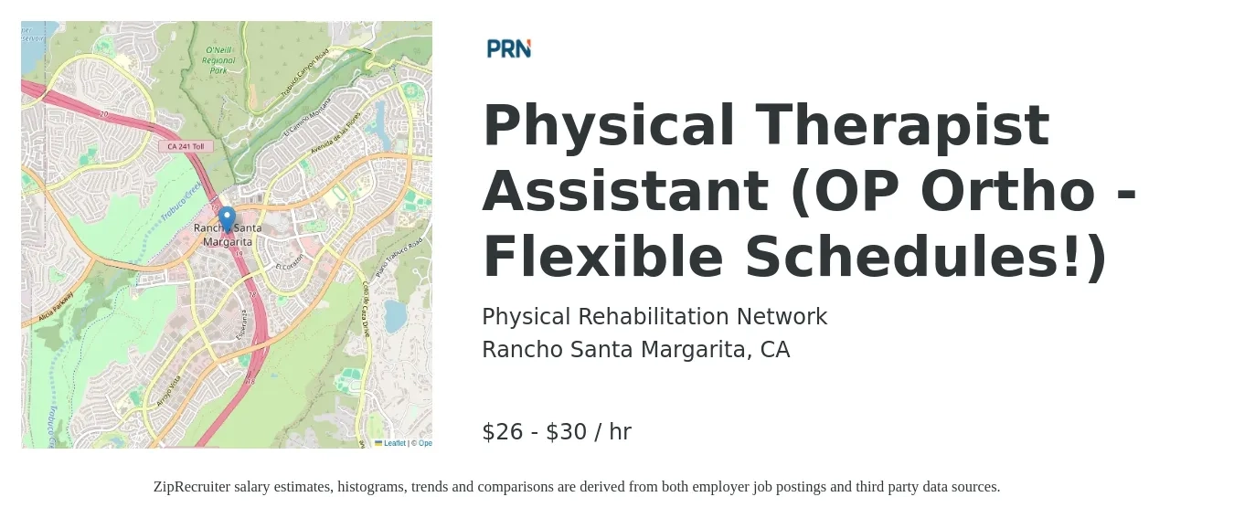 Physical Rehabilitation Network job posting for a Physical Therapist Assistant (OP Ortho - Flexible Schedules!) in Rancho Santa Margarita, CA with a salary of $28 to $32 Hourly with a map of Rancho Santa Margarita location.