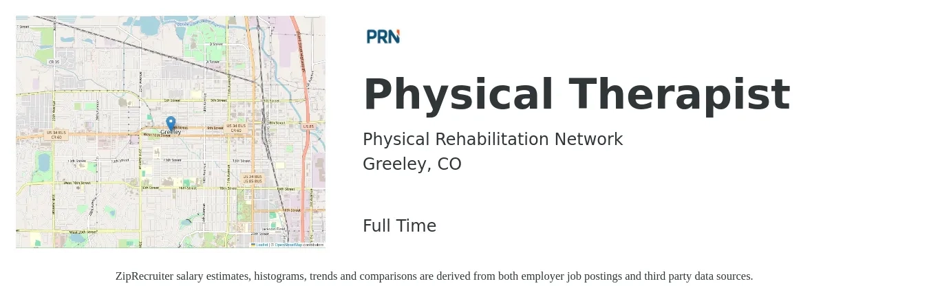Physical Rehabilitation Network job posting for a Physical Therapist in Greeley, CO with a salary of $1,600 to $2,070 Weekly with a map of Greeley location.
