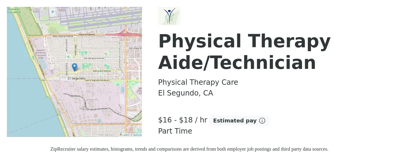 Physical Therapy Care job posting for a Physical Therapy Aide/Technician in El Segundo, CA with a salary of $17 to $19 Hourly with a map of El Segundo location.