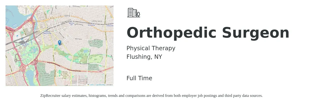 Physical Therapy job posting for a Orthopedic Surgeon in Flushing, NY with a salary of $337,000 to $365,200 Yearly and benefits including pto with a map of Flushing location.