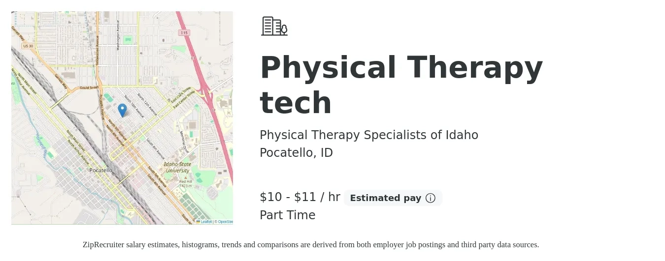 Physical Therapy Specialists of Idaho job posting for a Physical Therapy tech in Pocatello, ID with a salary of $11 to $12 Hourly with a map of Pocatello location.