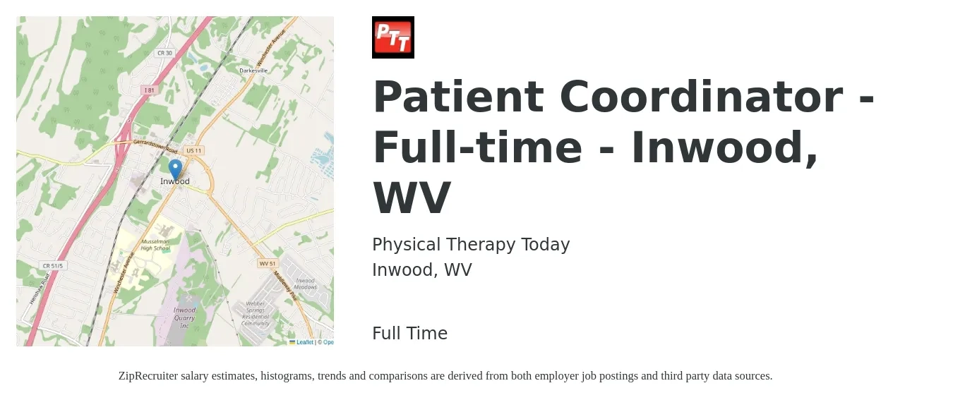 Physical Therapy Today job posting for a Patient Coordinator - Full-time - Inwood, WV in Inwood, WV with a salary of $16 to $22 Hourly with a map of Inwood location.