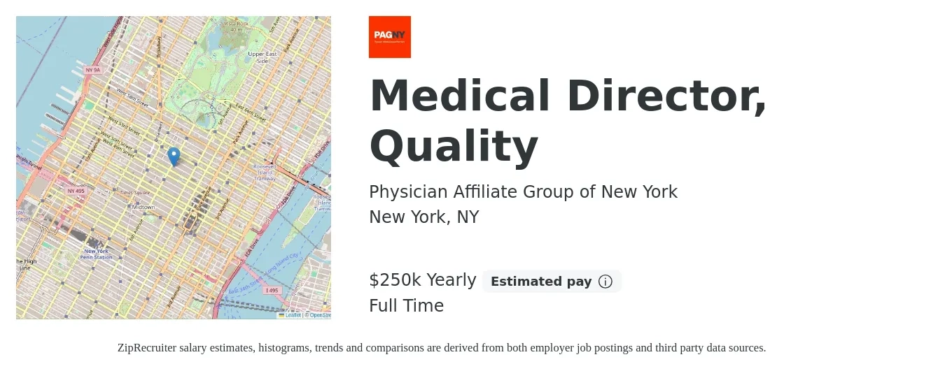 Physician Affiliate Group of New York job posting for a Medical Director, Quality in New York, NY with a salary of $250,000 Yearly with a map of New York location.