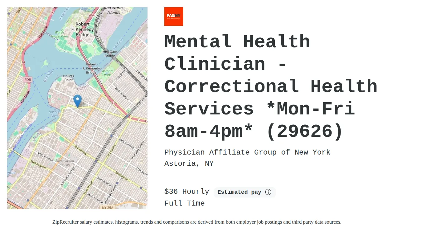 Pagny job posting for a Mental Health Clinician - Correctional Health Services *Mon-Fri 8am-4pm* (29626) in Astoria, NY with a salary of $38 Hourly and benefits including Medical and Retirement with a map of Astoria location.