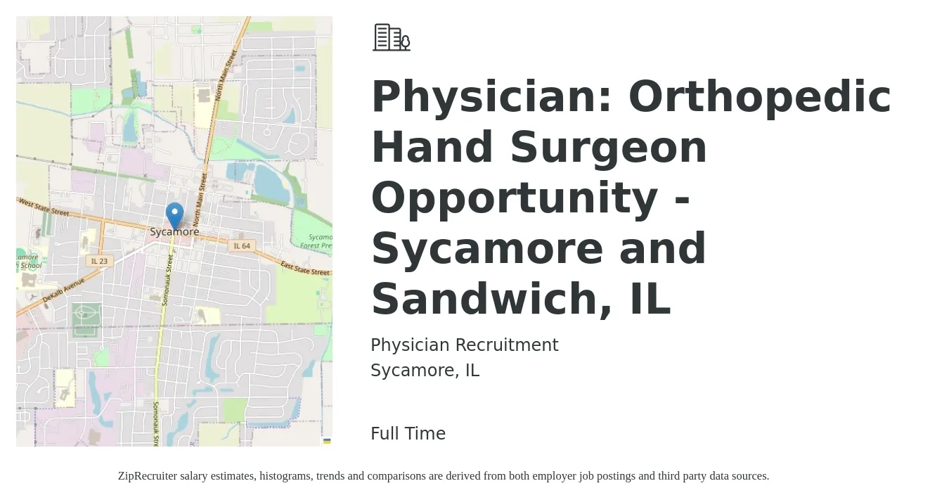 Physician Recruitment job posting for a Physician: Orthopedic Hand Surgeon Opportunity - Sycamore and Sandwich, IL in Sycamore, IL with a salary of $311,500 to $337,500 Yearly with a map of Sycamore location.