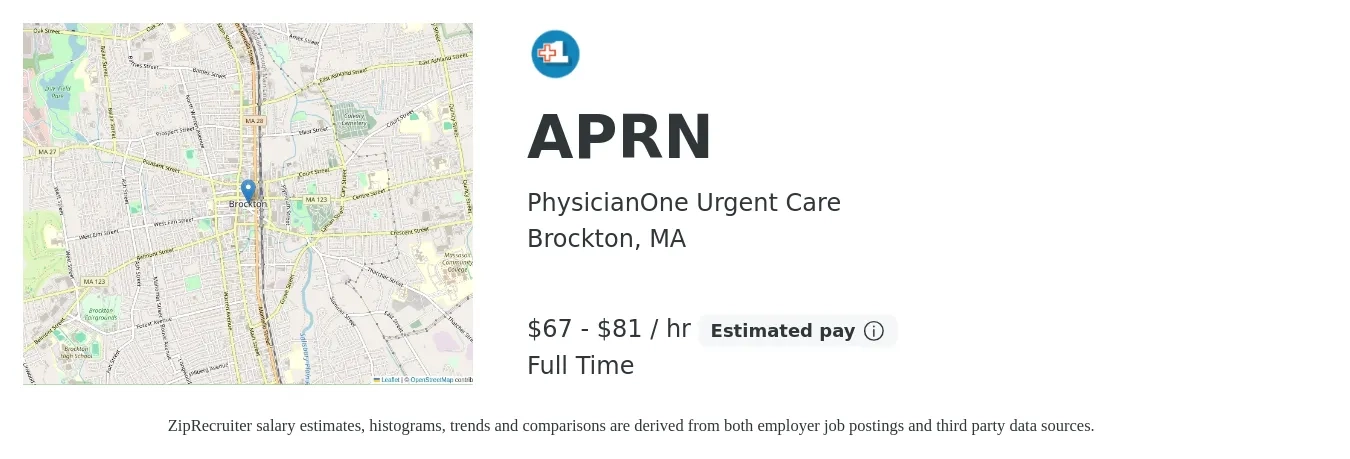 PhysicianOne Urgent Care job posting for a APRN in Brockton, MA with a salary of $70 to $85 Hourly with a map of Brockton location.