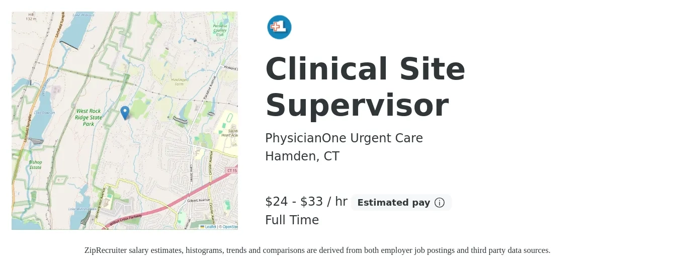 PhysicianOne Urgent Care job posting for a Clinical Site Supervisor in Hamden, CT with a salary of $25 to $35 Hourly with a map of Hamden location.