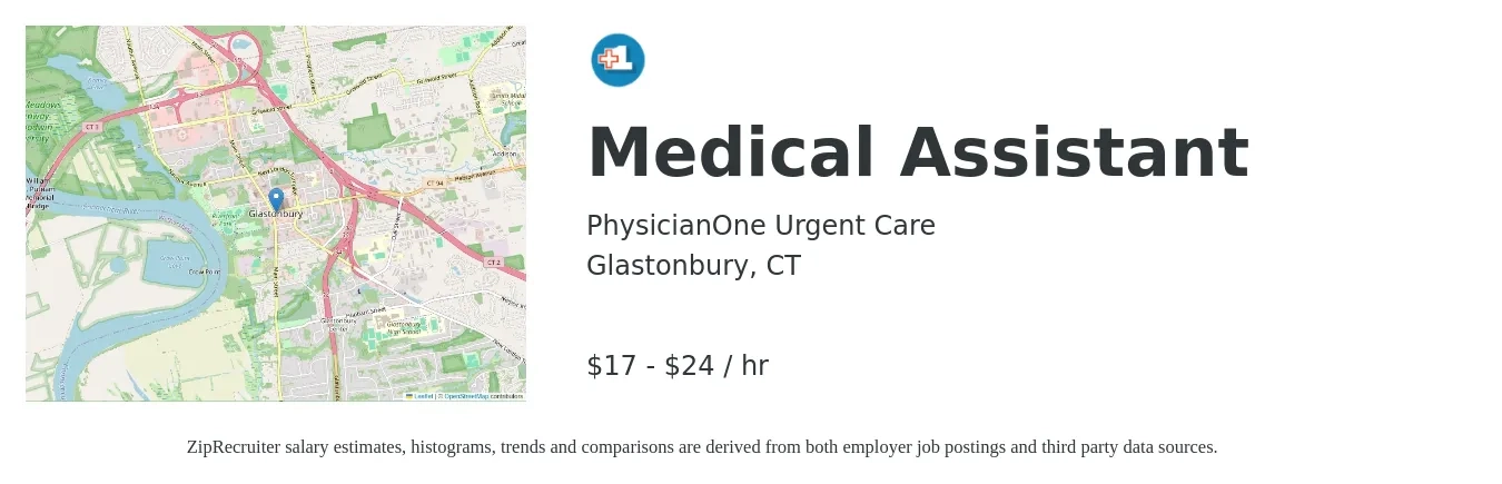 PhysicianOne Urgent Care job posting for a Medical Assistant in Glastonbury, CT with a salary of $18 to $25 Hourly with a map of Glastonbury location.