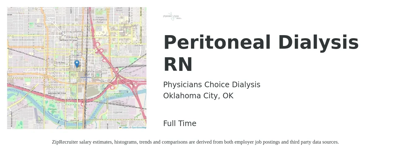 Physicians Choice Dialysis job posting for a Peritoneal Dialysis RN in Oklahoma City, OK with a salary of $1,650 to $2,300 Weekly with a map of Oklahoma City location.