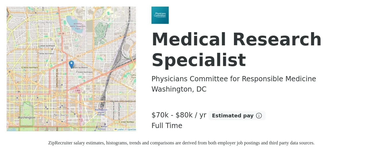 Physicians Committee for Responsible Medicine job posting for a Medical Research Specialist in Washington, DC with a salary of $70,000 to $80,000 Yearly with a map of Washington location.