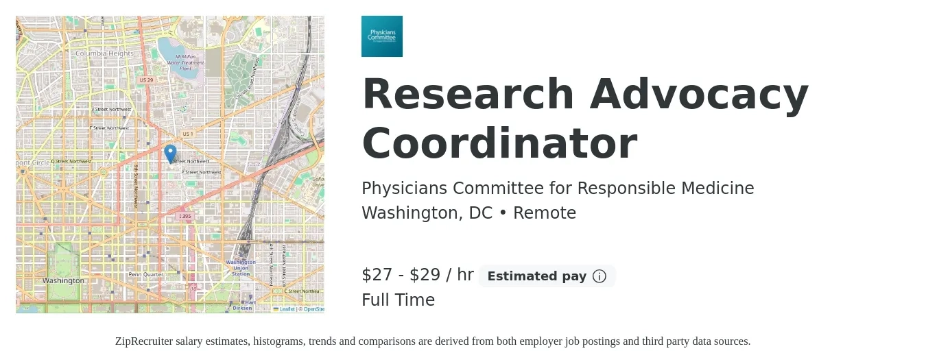 Physicians Committee for Responsible Medicine job posting for a Research Advocacy Coordinator in Washington, DC with a salary of $60,000 to $64,000 Yearly with a map of Washington location.
