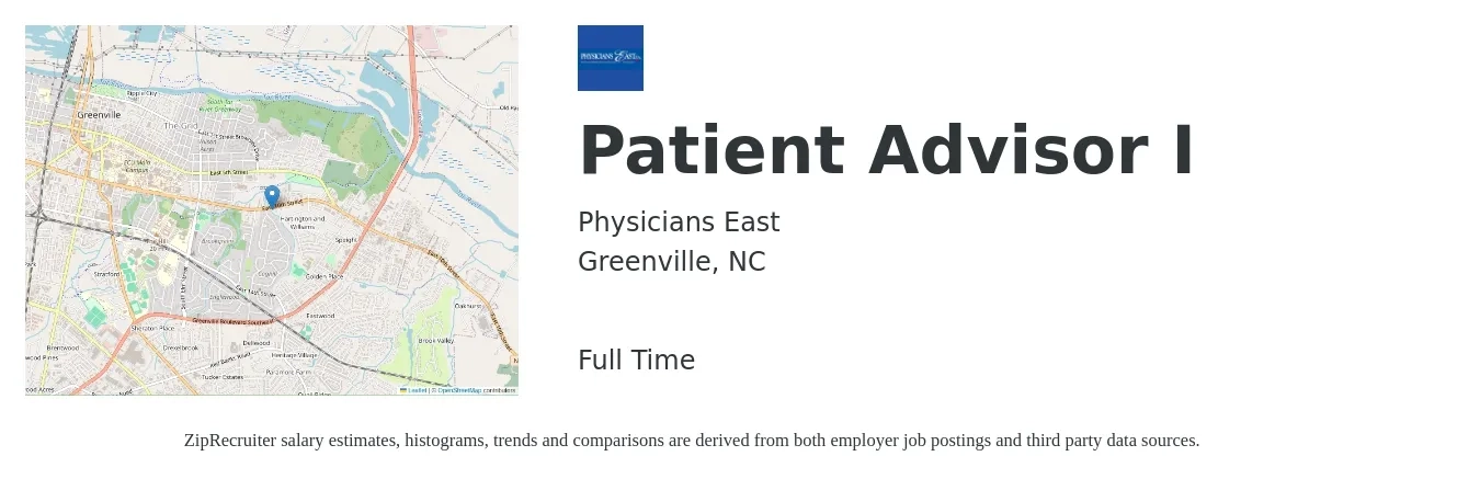 Physicians East job posting for a Patient Advisor I in Greenville, NC with a salary of $18 to $30 Hourly with a map of Greenville location.