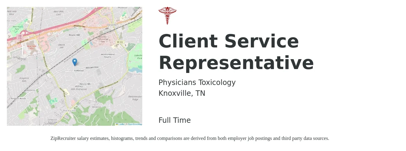 Physicians Toxicology job posting for a Client Service Representative in Knoxville, TN with a salary of $50,000 Yearly with a map of Knoxville location.