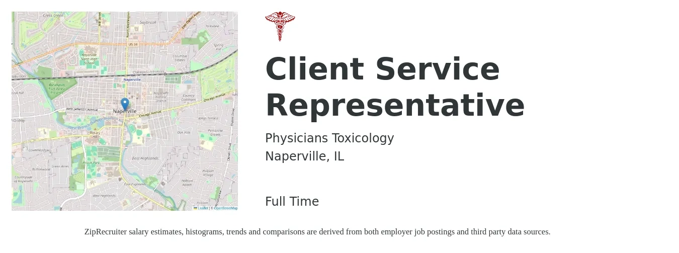 Physicians Toxicology job posting for a Client Service Representative in Naperville, IL with a salary of $50,000 Yearly with a map of Naperville location.