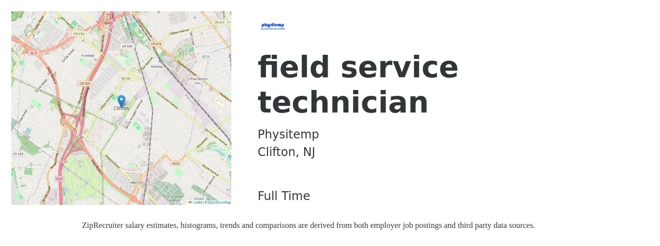 Physitemp job posting for a field service technician in Clifton, NJ with a salary of $20 to $30 Hourly with a map of Clifton location.
