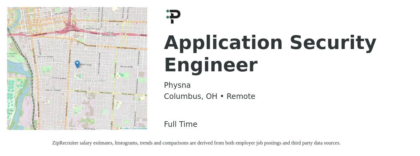 Physna job posting for a Application Security Engineer in Columbus, OH with a salary of $57 to $76 Hourly with a map of Columbus location.