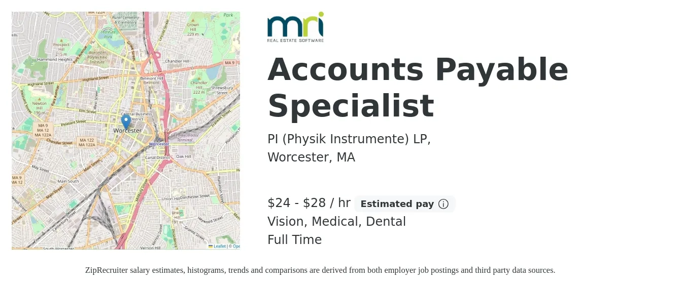 PI (Physik Instrumente) LP, job posting for a Accounts Payable Specialist in Worcester, MA with a salary of $25 to $30 Hourly and benefits including vision, dental, life_insurance, medical, pto, and retirement with a map of Worcester location.