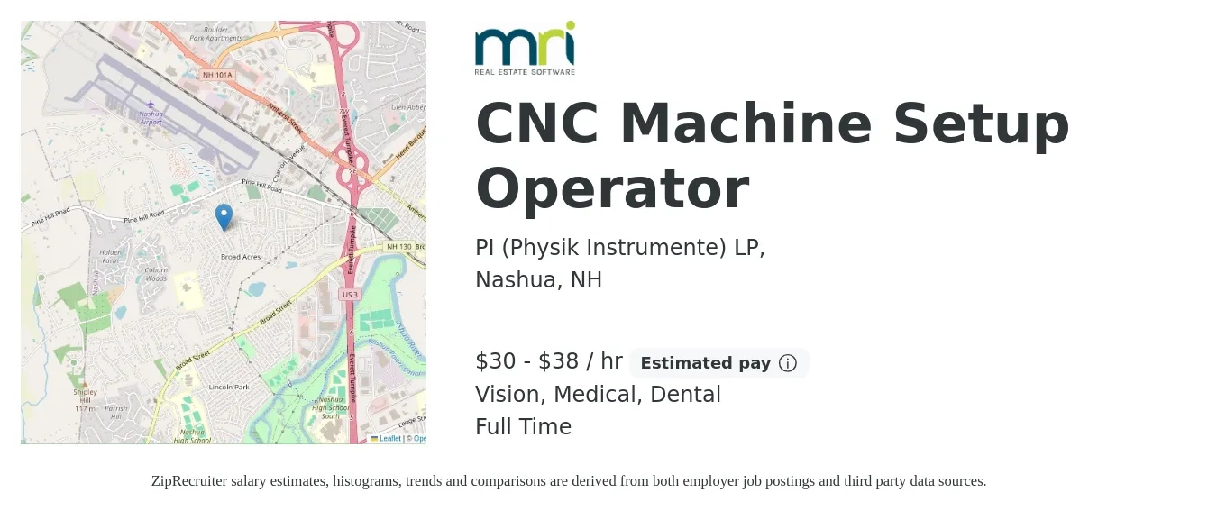 PI (Physik Instrumente) LP, job posting for a CNC Machine Setup Operator in Nashua, NH with a salary of $32 to $40 Hourly and benefits including life_insurance, medical, pto, retirement, vision, and dental with a map of Nashua location.