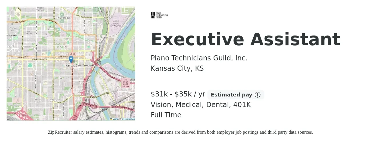 Piano Technicians Guild, Inc. job posting for a Executive Assistant in Kansas City, KS with a salary of $31,200 to $35,000 Yearly and benefits including 401k, dental, life_insurance, medical, and vision with a map of Kansas City location.