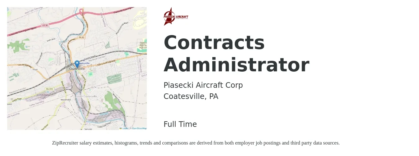 Piasecki Aircraft Corp job posting for a Contracts Administrator in Coatesville, PA with a salary of $80 Hourly with a map of Coatesville location.