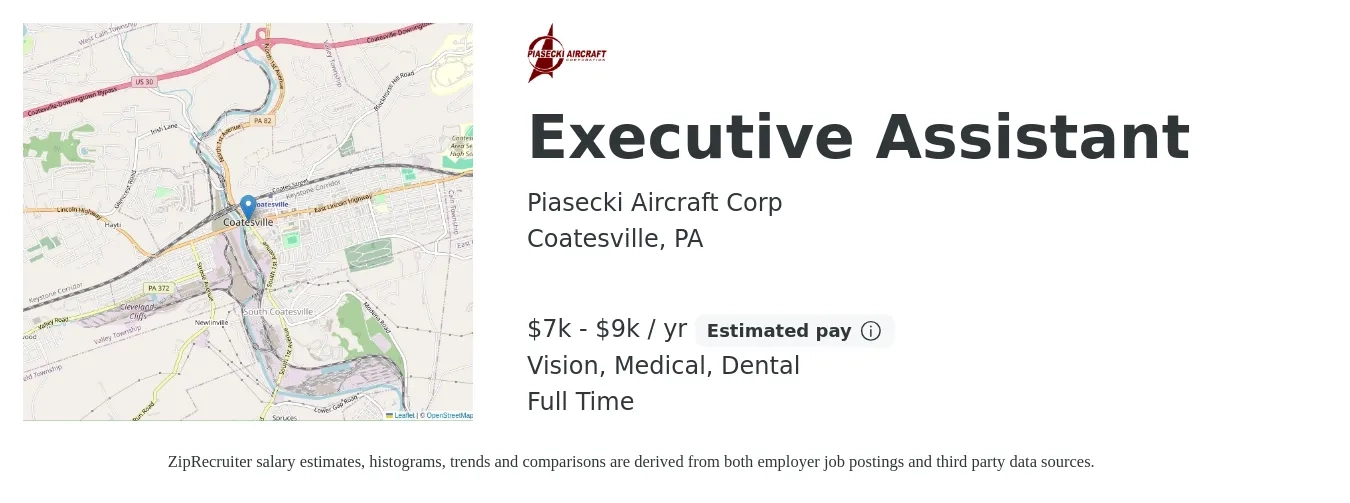 Piasecki Aircraft Corporation job posting for a Executive Assistant in Coatesville, PA with a salary of $7,000 to $9,000 Yearly and benefits including dental, life_insurance, medical, pto, retirement, and vision with a map of Coatesville location.