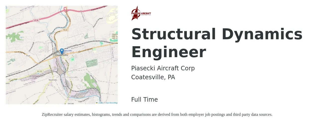 Piasecki Aircraft Corp job posting for a Structural Dynamics Engineer in Coatesville, PA with a salary of $80 Hourly with a map of Coatesville location.