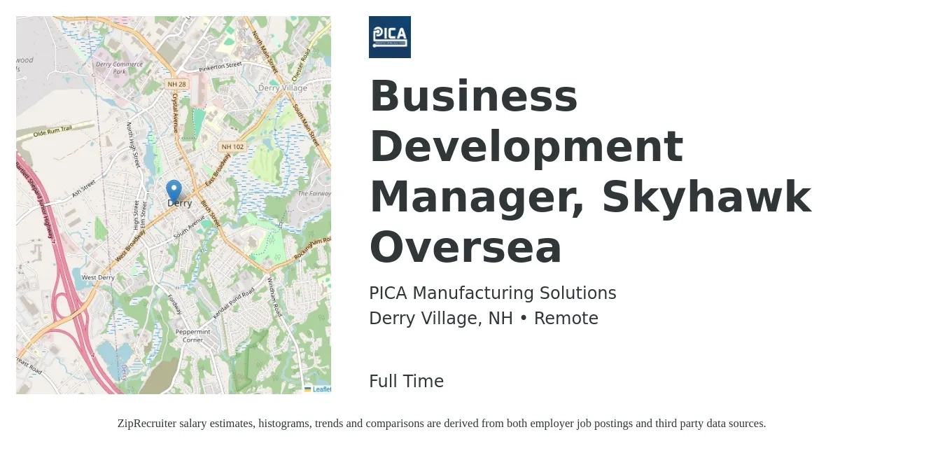 PICA Manufacturing Solutions job posting for a Business Development Manager, Skyhawk Oversea in Derry Village, NH with a salary of $61,500 to $100,900 Yearly with a map of Derry Village location.