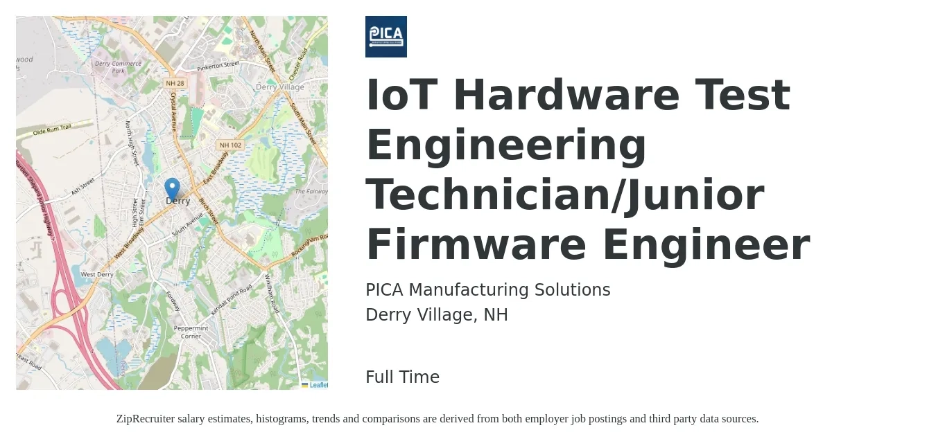 PICA Manufacturing Solutions job posting for a IoT Hardware Test Engineering Technician/Junior Firmware Engineer in Derry Village, NH with a salary of $110,500 to $145,800 Yearly with a map of Derry Village location.