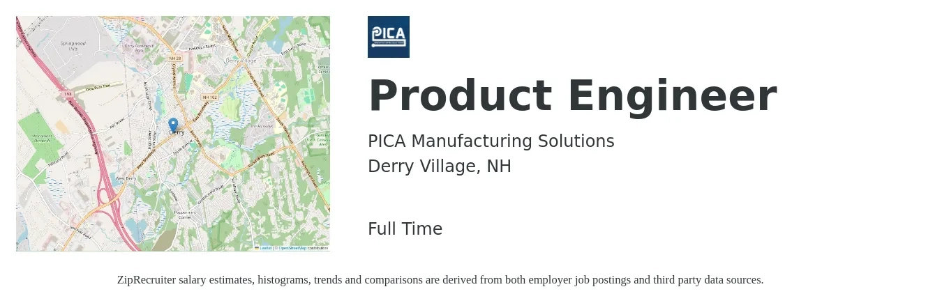 PICA Manufacturing Solutions job posting for a Product Engineer in Derry Village, NH with a salary of $88,800 to $206,800 Yearly with a map of Derry Village location.