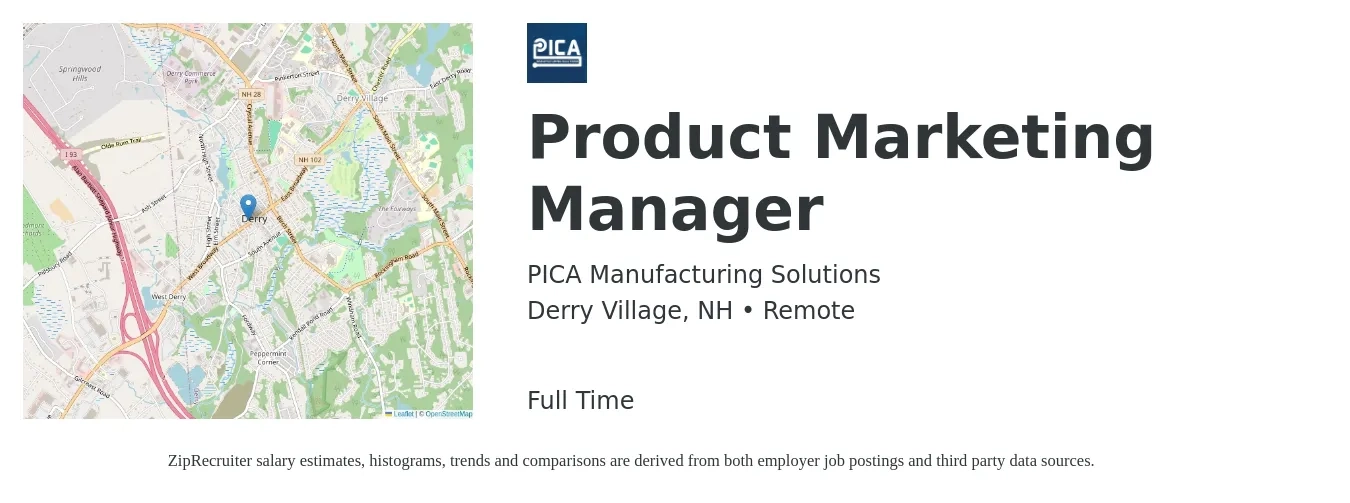 PICA Manufacturing Solutions job posting for a Product Marketing Manager in Derry Village, NH with a salary of $155,300 Yearly with a map of Derry Village location.