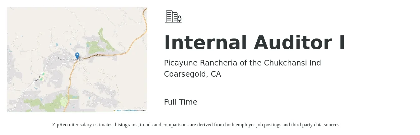 Picayune Rancheria of the Chukchansi Ind job posting for a Internal Auditor I in Coarsegold, CA with a salary of $57,250 Yearly with a map of Coarsegold location.