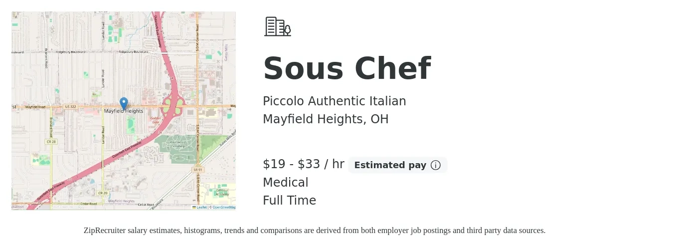 Piccolo Authentic Italian job posting for a Sous Chef in Mayfield Heights, OH with a salary of $20 to $35 Hourly and benefits including medical with a map of Mayfield Heights location.